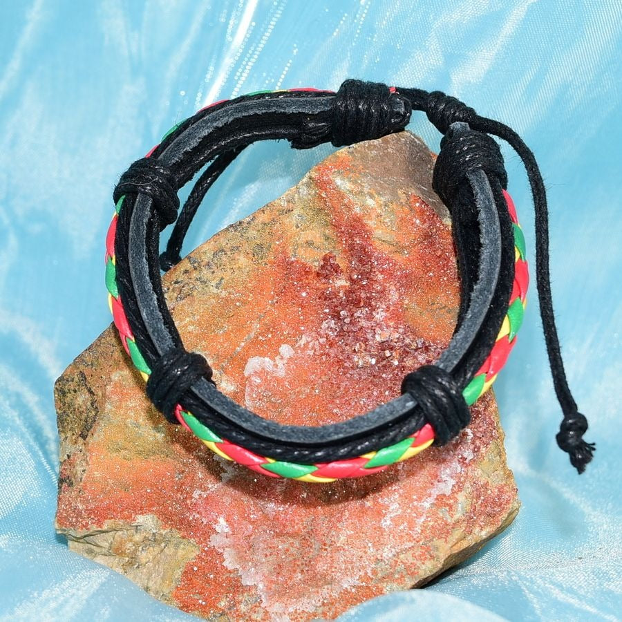 Michael Diego Mens Braid Layered Leather Bracelet Black Green Yellow Gift Packaged