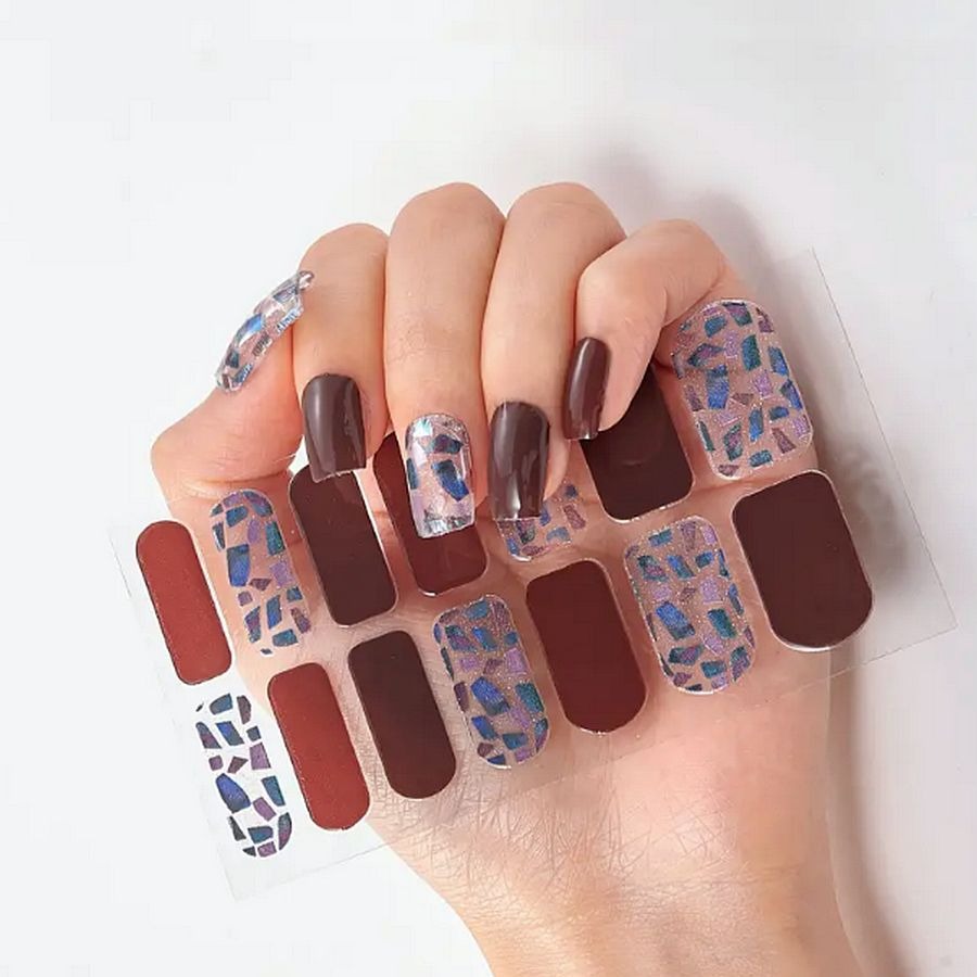 Marilyn Lisa Self Adhesive Nail Polish Strips Blue Fleck Brown Red Gift Packaged