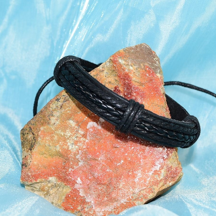 Michael Diego Mens Braid Layered Sliding Tie Leather Bracelet Black Gift Packaged