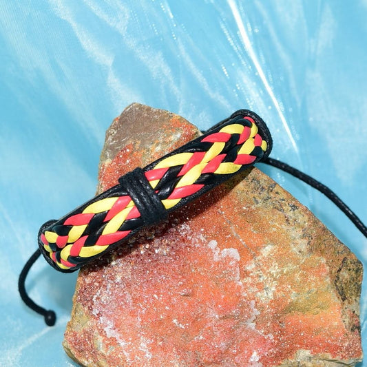 Roja Amarilla Mens Weave Tie Leather Bracelet Black Red Yellow Gift Packaged