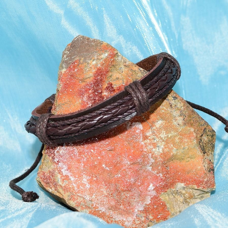 Michael Diego Mens Braid Layered Sliding Tie Leather Bracelet Brown Gift Packaged