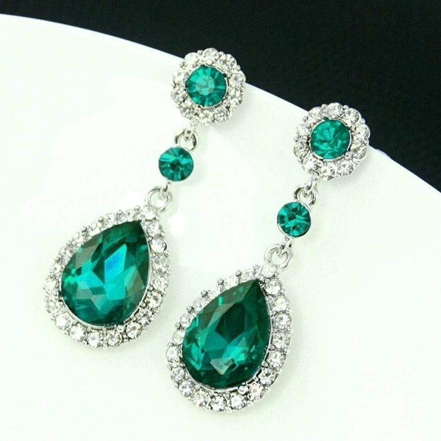 Anella Teardrop Water Drop Dangle Emerald Green Crystal Earrings Gift Boxed