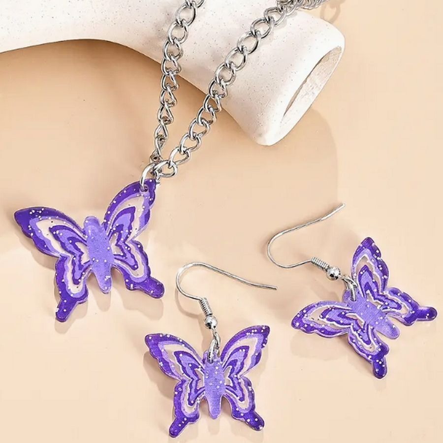 Briella Jesse Colorful Purple Butterfly Necklace and Earrings Set Gift Packaged