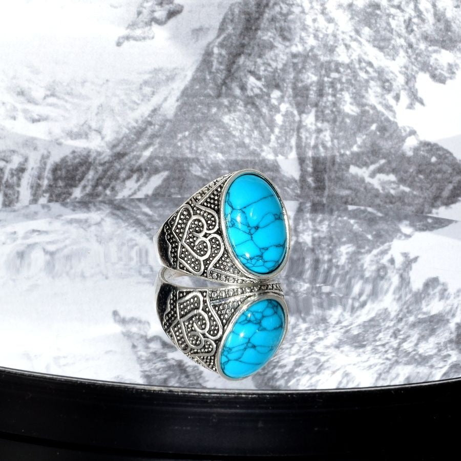 Amore Abound Size 10 Mens Oval Blue Turquoise Etched Silver Ring Gift Boxed