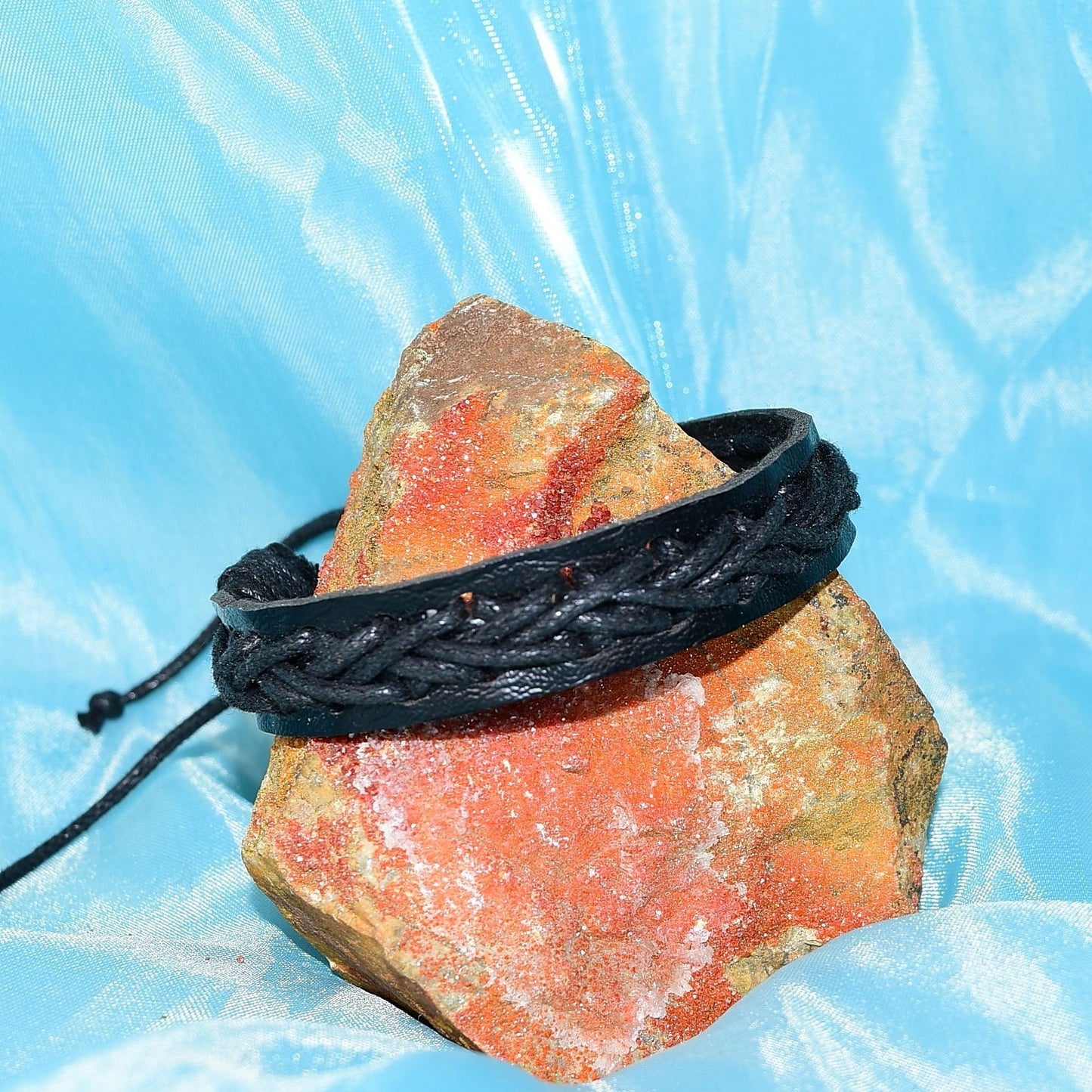 Caz Punch Mens Cross Stitch Leather Bracelet Black on Black Gift Packaged