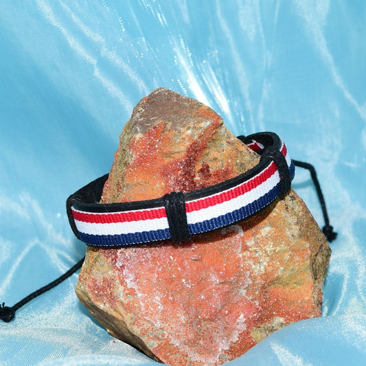 Rey Ribbon Mens Slide Tie Leather Bracelet Red White Blue Stripe Gift Packaged