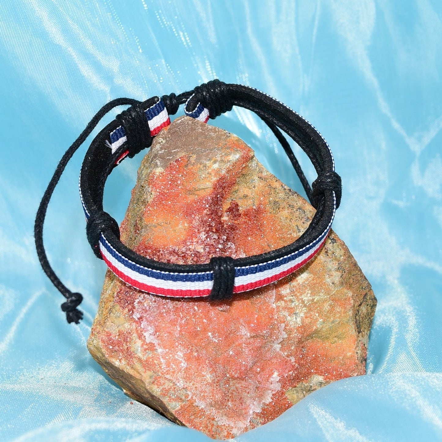 Rey Ribbon Mens Slide Tie Leather Bracelet Red White Blue Stripe Gift Packaged